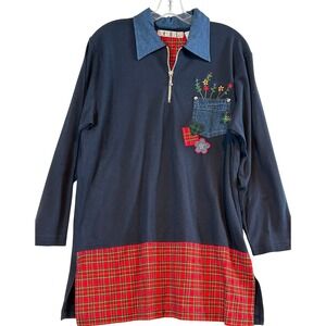 NWT Grandma Core Vintage Hand Embroidered Shirt Navy Plaid Denim Patchwork Small